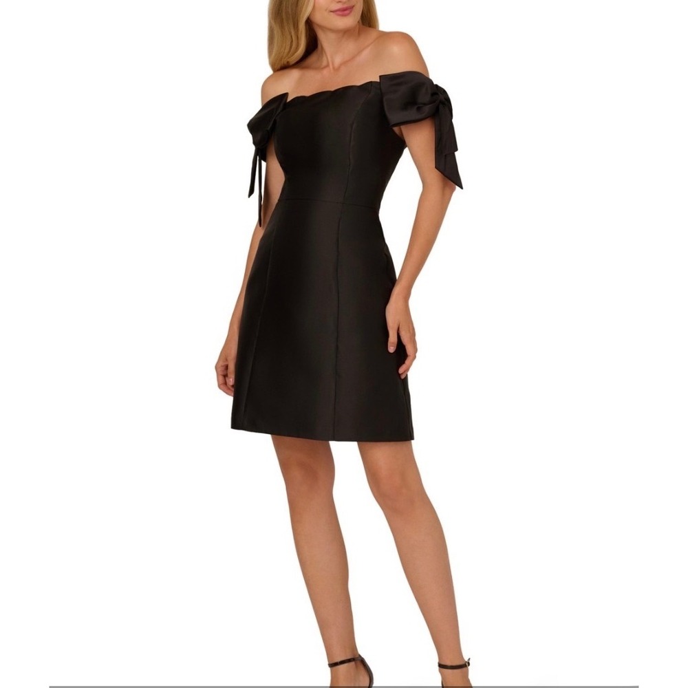 Adrianna Papell Scallop Neck Bow Sleeve Dress Black Mikado AP1D105771 Size 10
